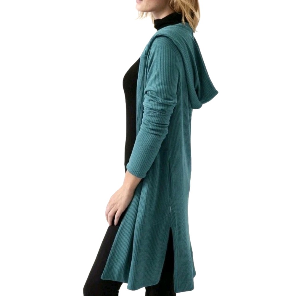 Athleta Womens Harmony Pose Wrap M Teal Athleisure Knit Hooded Longline Cardigan